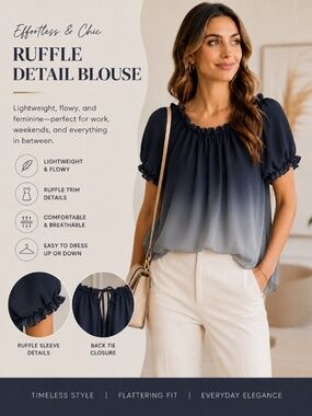 Tulle Ombre Sheer Blouse Size Small Navy to Gray Ruffle Puff Sleeve Top
